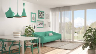 Yemek masası, kanepe ve kürk halı, saksı bitki sehpa ve parke zemin, çağdaş mimari iç tasarım ile sıcak ve confortable renkli beyaz ve turkuaz oturma odası