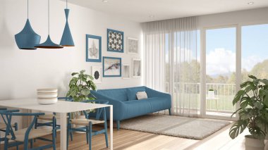 Yemek masası, kanepe ve kürk halı, saksı bitki sehpa ve parke zemin, çağdaş mimari iç tasarım ile sıcak ve confortable renkli beyaz ve mavi oturma odası