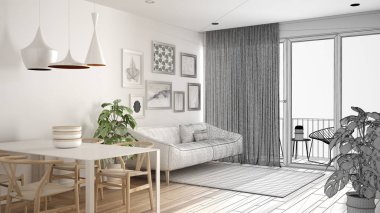 Mimar iç tasarımcı kavramı: yemek masası, kanepe ve halı, konsept fikir ile gerçek, sıcak ve confortable renkli beyaz oturma odası olur bitmemiş proje