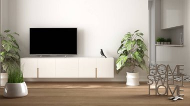 Ahşap masa, masa veya raf saksı çim bitki, ev anahtarları ve 3d harfler ev tatlı ev, beyaz ve ahşap oturma odası, mimari iç tasarım, kopya alan arka plan üzerinde