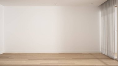 Boş oda iç tasarımı, beyaz duvarlı açık alan ve parke ahşap zemin, modern modern modern mimari, sabah ışığı, kopyalama alanı ile maketleme