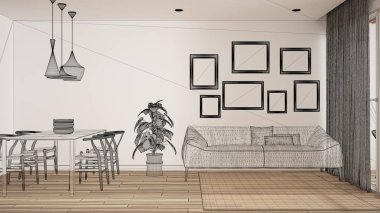 Parke zeminli boş beyaz iç mekan, özel mimari tasarım projesi, siyah mürekkep çizimi, modern oturma odasını gösteren plan, konsept, mimari fikir