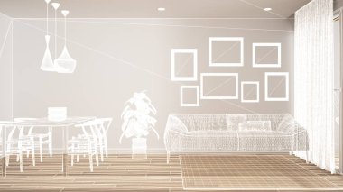 Parke zeminli boş beyaz iç mekan, özel mimari tasarım projesi, beyaz mürekkep çizimi, modern oturma odasını gösteren plan, konsept, mimari fikir