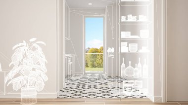 Parke zemin ve seramik karolar ile boş beyaz iç, özel mimari tasarım projesi, beyaz mürekkep kroki, modern mutfak gösteren plan, konsept, maket, mimari fikir