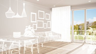 Parke zeminli boş beyaz iç mekan, özel mimari tasarım projesi, beyaz mürekkep çizimi, modern oturma odasını gösteren plan, konsept, mimari fikir