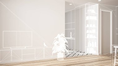 Parke zemin ve seramik karolar ile boş beyaz iç, özel mimari tasarım projesi, beyaz mürekkep kroki, modern mutfak gösteren plan, konsept, maket, mimari fikir