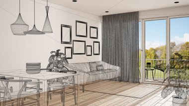 Parke zeminli boş beyaz iç mekan, özel mimari tasarım projesi, siyah mürekkep çizimi, modern oturma odasını gösteren plan, konsept, mimari fikir