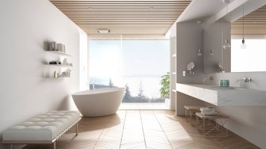 Parke zemin ve ahşap celiling ile Lüks modern beyaz banyo, deniz panorama, küvet, duş ve çift lavabo, iç tasarım, minimal mimari büyük panoramik pencere
