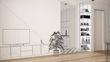 Parke zemin ve seramik karolar ile boş beyaz iç, özel mimari tasarım projesi, siyah mürekkep kroki, modern mutfak gösteren plan, konsept, maket, mimari fikir