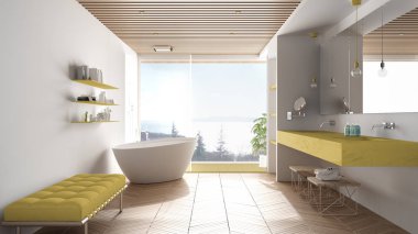Parke zemin ve ahşap celiling ile lüks modern beyaz ve sarı banyo, deniz panorama sı büyük panoramik pencere, küvet, duş ve çift lavabo, iç tasarım, minimal mimari