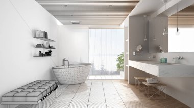 Mimar iç tasarımcı konsepti: parke ve ahşap celiling, küvet, duş ve lavabo, mimari konsept fikir ile gerçek, lüks modern banyo olur bitmemiş proje