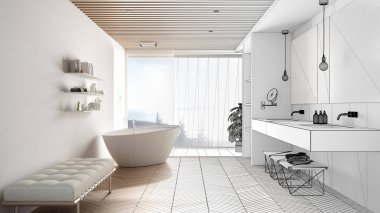 Mimar iç tasarımcı konsepti: parke ve ahşap celiling, küvet, duş ve lavabo, mimari konsept fikir ile gerçek, lüks modern banyo olur bitmemiş proje