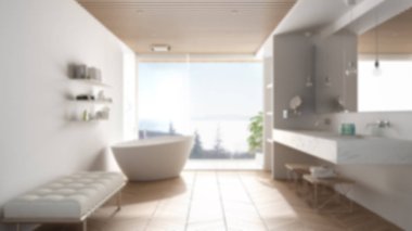 Bulanıklık arka plan iç tasarım: parke ve ahşap celiling ile lüks modern banyo, küvet, duş ve lavabo, konsept fikir