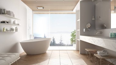 Parke zemin ve ahşap celiling ile Lüks modern beyaz banyo, deniz panorama, küvet, duş ve çift lavabo, iç tasarım, minimal mimari büyük panoramik pencere