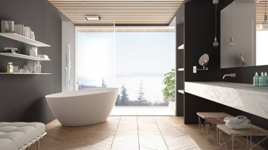 Parke zemin ve ahşap celiling ile Lüks modern beyaz ve gri banyo, deniz panorama, küvet, duş ve çift lavabo, iç tasarım, minimal mimari büyük panoramik pencere