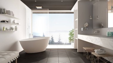 Parke zemin ve ahşap celiling ile Lüks modern beyaz ve gri banyo, deniz panorama, küvet, duş ve çift lavabo, iç tasarım, minimal mimari büyük panoramik pencere