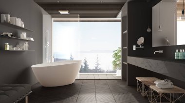 Parke zemin ve ahşap celiling ile Lüks modern beyaz ve gri banyo, deniz panorama, küvet, duş ve çift lavabo, iç tasarım, minimal mimari büyük panoramik pencere