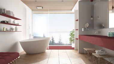 Parke zemin ve ahşap celiling ile lüks modern beyaz ve kırmızı banyo, deniz panoraması büyük panoramik pencere, küvet, duş ve çift lavabo, iç tasarım, minimal mimari