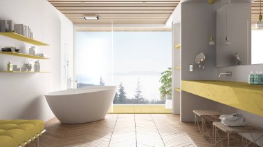 Parke zemin ve ahşap celiling ile lüks modern beyaz ve sarı banyo, deniz panorama sı büyük panoramik pencere, küvet, duş ve çift lavabo, iç tasarım, minimal mimari