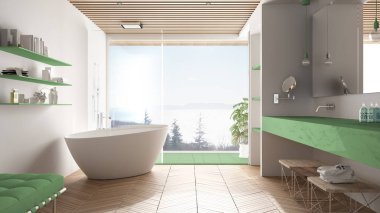 Parke zemin ve ahşap celiling ile Lüks modern beyaz ve yeşil banyo, deniz panorama, küvet, duş ve çift lavabo, iç tasarım, minimal mimari büyük panoramik pencere