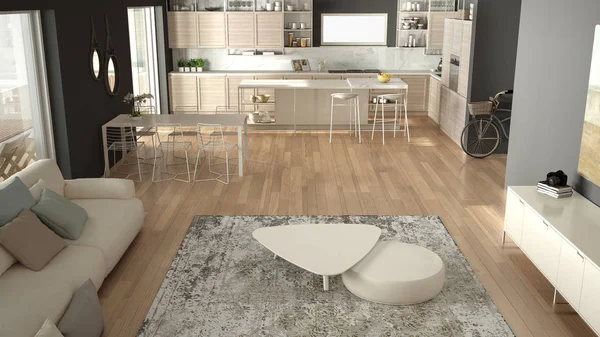 Penthouse minimalistische keuken interieur, woonkamer met Bank en tapijt, eettafel, eiland met krukken, parket. Modern hedendaags wit en grijs architectuurconcept, bovenaanzicht — Stockfoto