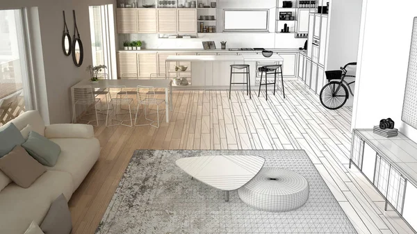 Mimar iç tasarımcı kavramı: gerçek olur bitmemiş proje, penthouse oturma odası ve mutfak iç tasarım, kanepe ve halı, masa, parke, konsept fikir, üst görünümü