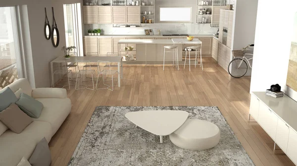 Penthouse minimalistische keuken interieur, woonkamer met Bank en tapijt, eettafel, eiland met krukken, parket. Moderne hedendaagse witte architectuurconcept idee, Top View — Stockfoto