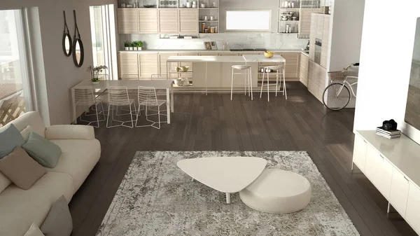 Penthouse minimaliste cuisine design intérieur, salon avec canapé et tapis, table à manger, îlot avec tabourets, parquet. Concept moderne d'architecture blanche et grise contemporaine, vue de dessus — Photo