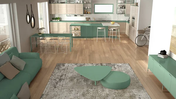 Penthouse minimaliste cuisine design intérieur, salon avec canapé et tapis, table à manger, îlot, parquet. Concept moderne d'architecture blanche et turquoise contemporaine, vue de dessus — Photo