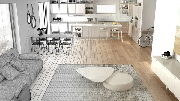 Mimar iç tasarımcı kavramı: gerçek olur bitmemiş proje, penthouse oturma odası ve mutfak iç tasarım, kanepe ve halı, masa, parke, konsept fikir, üst görünümü