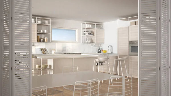Открытие белых складных дверей на современной белой кухне с деревянными деталями и паркетным полом, белый дизайн интерьера, дизайнерская концепция, размытый фон — стоковое фото
