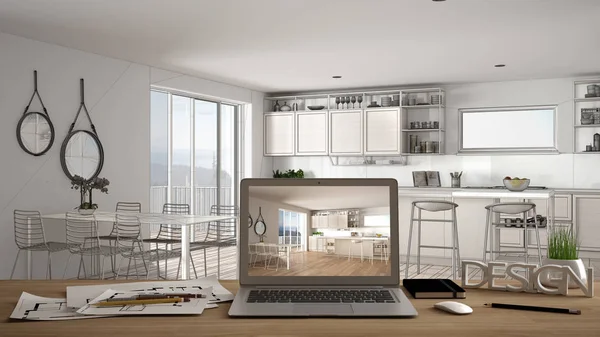 Architekt Designer Desktop-Konzept, Laptop auf Holzarbeitstisch mit Bildschirm, der das Innenarchitekturprojekt zeigt, Blaupause im Hintergrund, moderne weiße Küche mit Holzdetails — Stockfoto