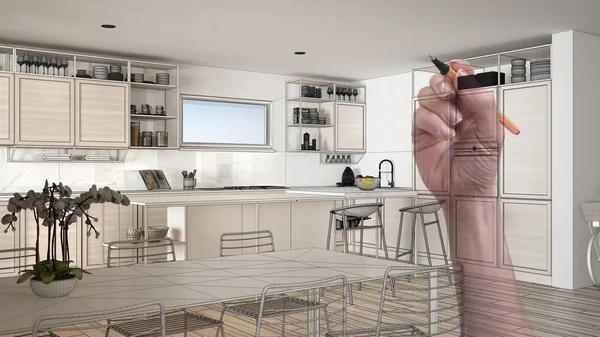 Architect interior designer concept: hand drawing a design interior project while the space becomes real, modern white and wooden kitchen with island and stools — Stock Photo, Image