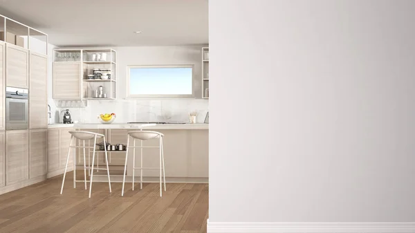 Cozinha moderna branca e de madeira com ilha e bancos em uma parede de primeiro plano, ideia de arquitetura de design de interiores, conceito com espaço de cópia, fundo em branco — Fotografia de Stock