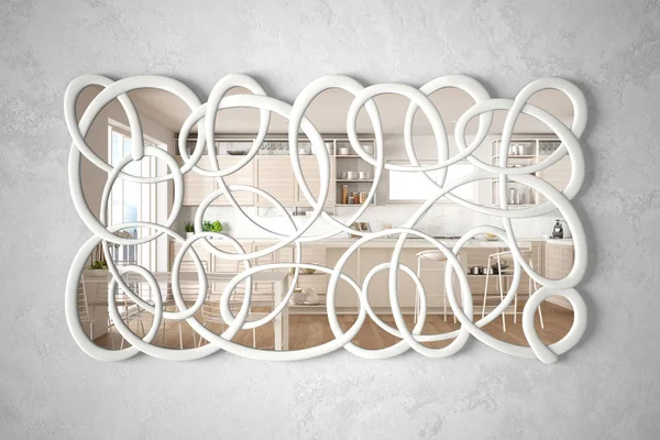 인테리어 디자인 장면, 밝은 흰색과 나무 부엌, 미니멀 한 흰색 건축, 건축가 디자이너 개념 아이디어를 반영 벽에 매달려 현대 트위스트 모양 거울 — 스톡 사진