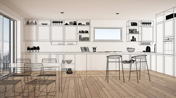 Boş beyaz iç parke zemin ve büyük panoramik penceresinde, proje, siyah mürekkep kroki, blueprint klasik mutfak gösterilen özel mimari tasarım