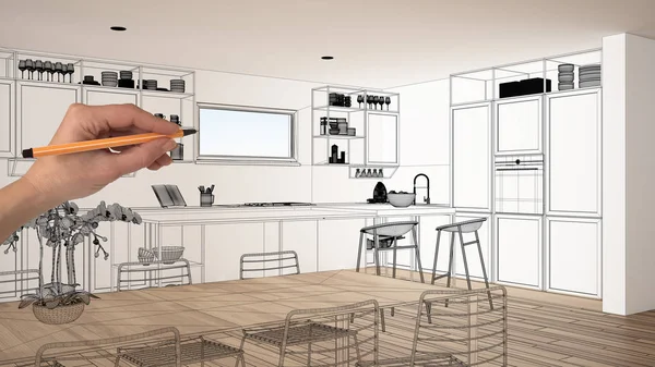 Parke zemin ve büyük panoramik penceresine beyaz iç boş, çizim özel mimari tasarım, siyah mürekkep kroki, plan gösteren modern mutfak el
