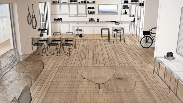 Parke zemin ve büyük panoramik pencere ile boş beyaz iç, özel mimari tasarım projesi, siyah mürekkep kroki, klasik mutfak gösteren plan, üst görünüm