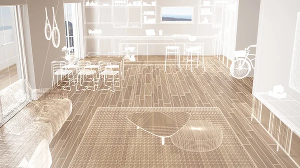 Parke zemin ve beyaz duvarlar, özel mimari tasarım projesi, beyaz mürekkep kroki, modern mutfak, konsept, maket, mimari fikir gösteren plan ile boş beyaz iç