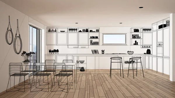 Boş beyaz iç parke zemin ve büyük panoramik penceresinde, proje, siyah mürekkep kroki, blueprint klasik mutfak gösterilen özel mimari tasarım