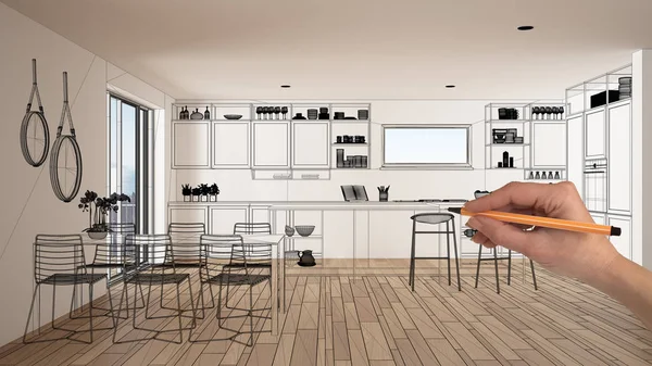 Leeres weißes Interieur mit Parkettboden und großem Panoramafenster, Handzeichnung individuelles Architekturdesign, schwarze Tuschskizze, Blaupause für moderne Küche — Stockfoto
