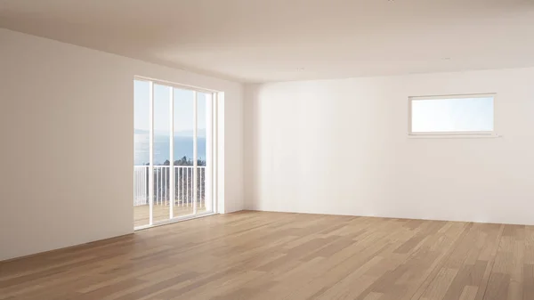 Chambre vide design intérieur, espace ouvert avec grande fenêtre panoramique, balcon avec vue panoramique sur la mer, parquet, architecture contemporaine moderne — Photo