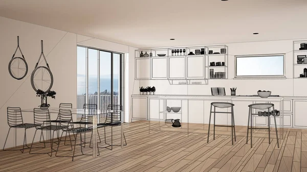 Boş beyaz iç parke zemin ve büyük panoramik penceresinde, proje, siyah mürekkep kroki, blueprint klasik mutfak gösterilen özel mimari tasarım