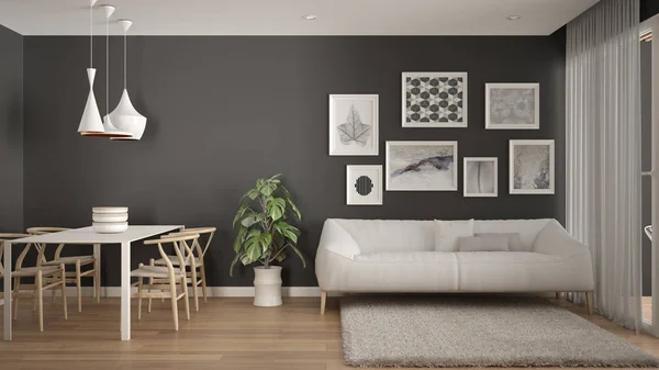 Teplý a zkonzumované skandinávský bílý a šedý obývací pokoj s jídelním stolem, pohovkou a kožním kobercem, květinovými a parketovými podlazemi, designem interiéru současné architektury — Stock fotografie