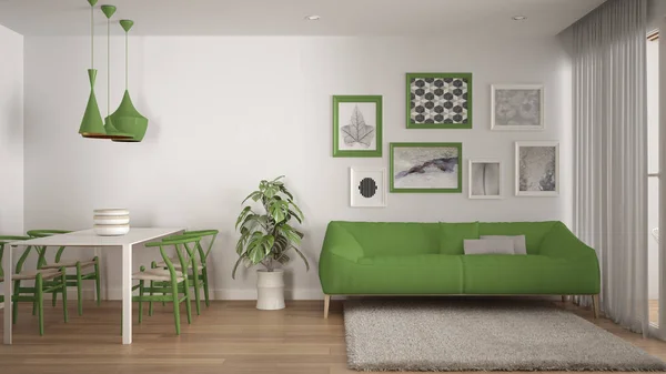 Ciepły i komfortowy kolorowy biały i zielony pokój dzienny ze stołem, kanapą i futerkiem, doniczkiem i parkietem, współczesną architekturą wnętrz — Zdjęcie stockowe