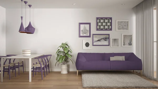 Teplá a nemoderní barevný bílý a fialový obývací pokoj s jídelním stolem, pohovkou a kožním kobercem, květinovými a parketovými podlazemi, designem interiéru současné architektury — Stock fotografie