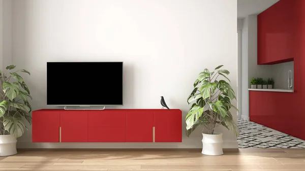 Moderne rood gekleurde minimalistische woonkamer met kleine keuken, parketvloer, TV-kast, potplant. Scandinavische gekleurde tegels en decors, architectuur interieur design concept — Stockfoto