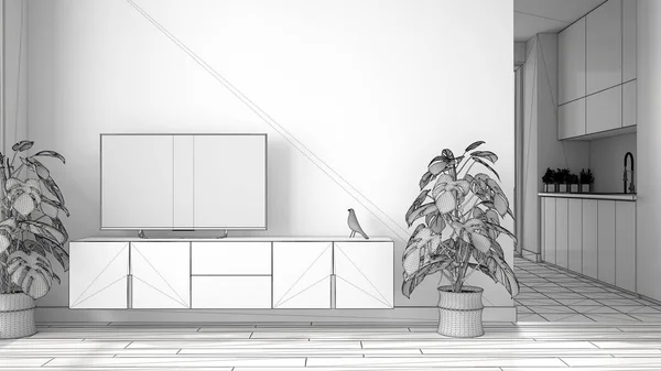 Ofullbordat projekt av minimalistiskt vardagsrum med litet kök, parkettgolv, TV-skåp, kruk växt. Skandinaviska färgade kakel och dekorer, arkitektur inredningskoncept — Stockfoto