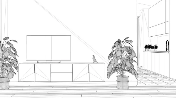 Proiect de proiect proiect, living minimalist cu bucătărie mică, parchet, dulap TV, plantă în ghiveci. Placi și decoruri scandinave, idee de concept de design interior de arhitectură — Fotografie, imagine de stoc
