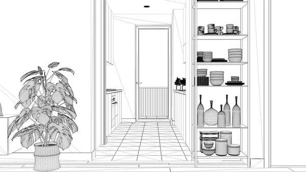 蓝图项目草案，简约客厅与小厨房，镶木地板，盆栽植物，搁板带装饰，彩色瓷砖，建筑室内设计理念 — 图库照片